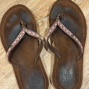 Reef Brown Suede Sandals with Braided Pink Accent